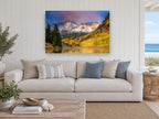 Golden Aspen Peaks landscape canvas print on the wall of a beach house living room