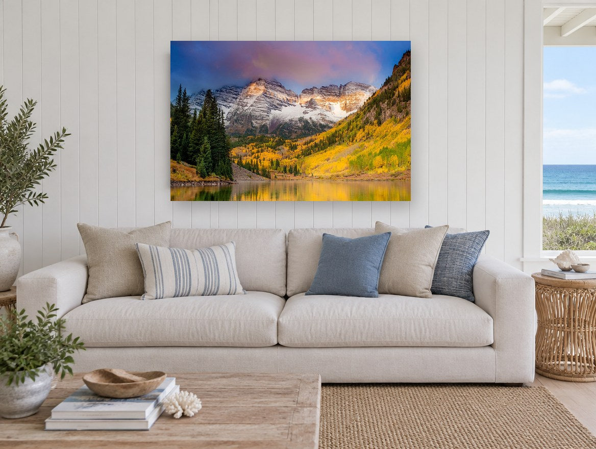Golden Aspen Peaks landscape canvas print on the wall of a beach house living room