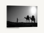 Ridge Line Caravan, camels desert silhouette black and white photograph, landscape canvas wall art print ready to hang