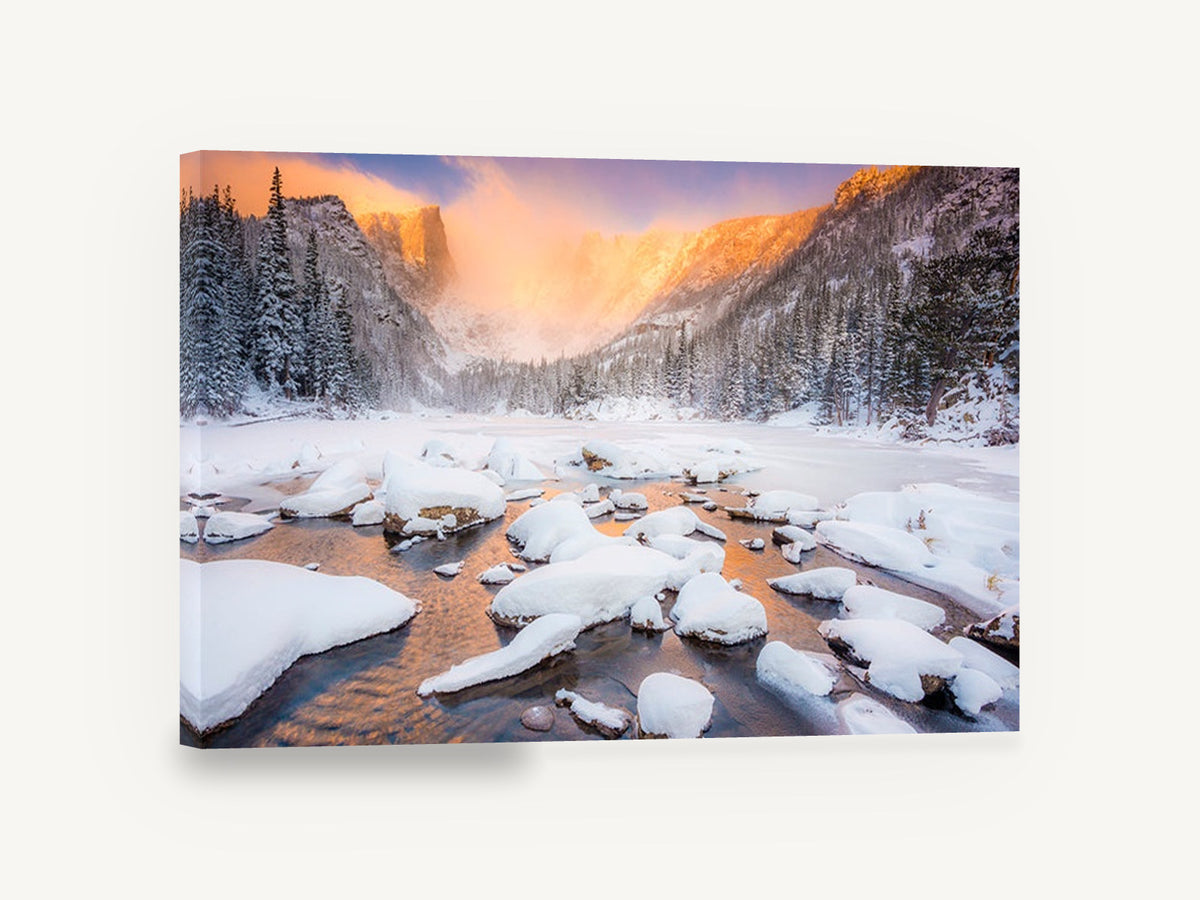 Frozen Lake Alpenglow, snowy mountain lake sunrise photograph, landscape canvas wall art print ready to hang