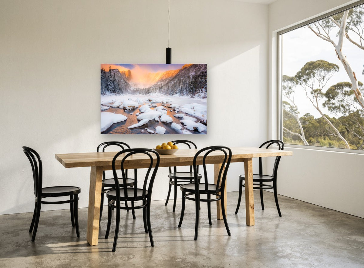 Frozen Lake Alpenglow landscape canvas print on the wall of a dining room