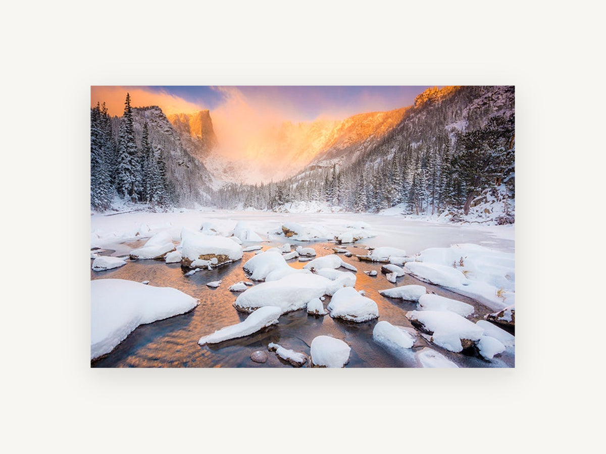 Frozen Lake Alpenglow, snowy mountain lake sunrise photograph, landscape canvas wall art print, front view