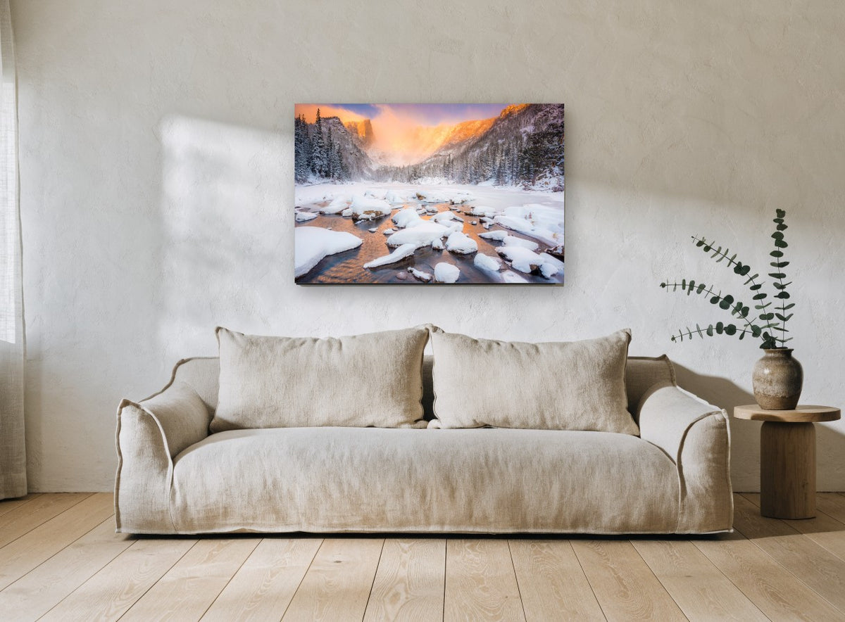 Frozen Lake Alpenglow landscape canvas print on the wall of a living room