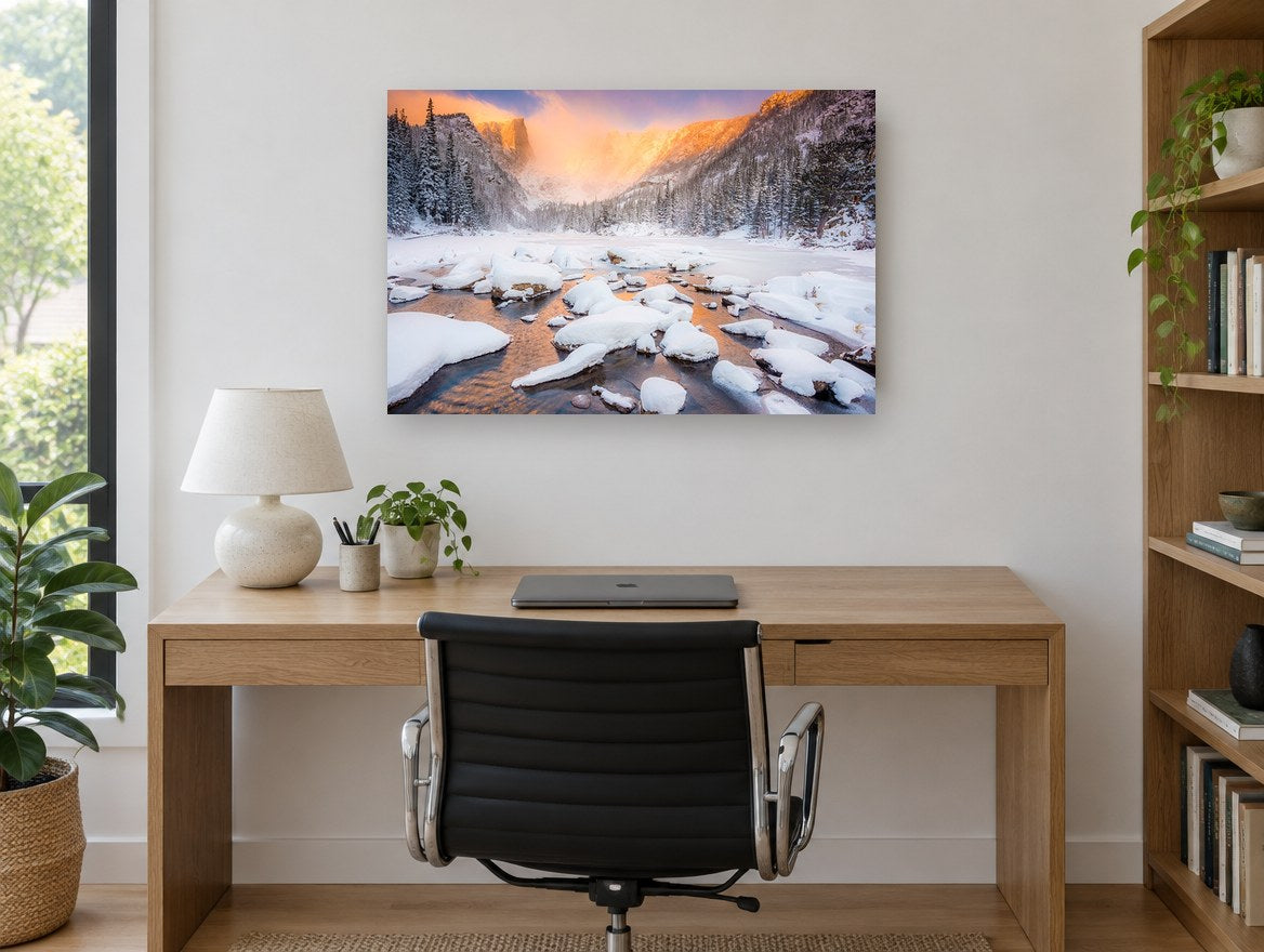 Frozen Lake Alpenglow landscape canvas print on the wall of a study