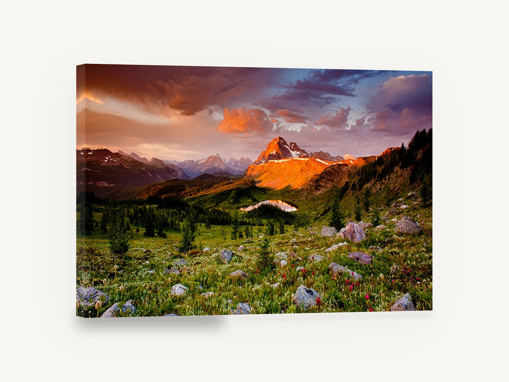 Alpenglow Meadow Tarn, alpine meadow sunset mountain photograph, landscape canvas wall art print ready to hang
