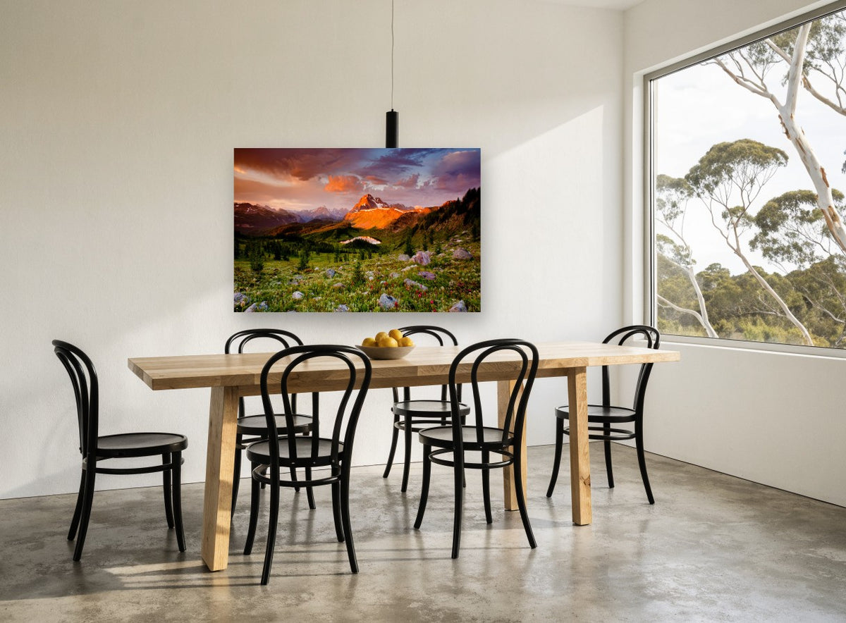 Alpenglow Meadow Tarn landscape canvas print on the wall of a dining room