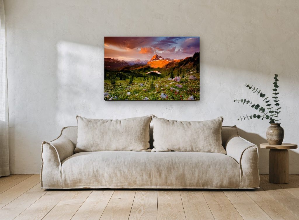 Alpenglow Meadow Tarn landscape canvas print on the wall of a living room