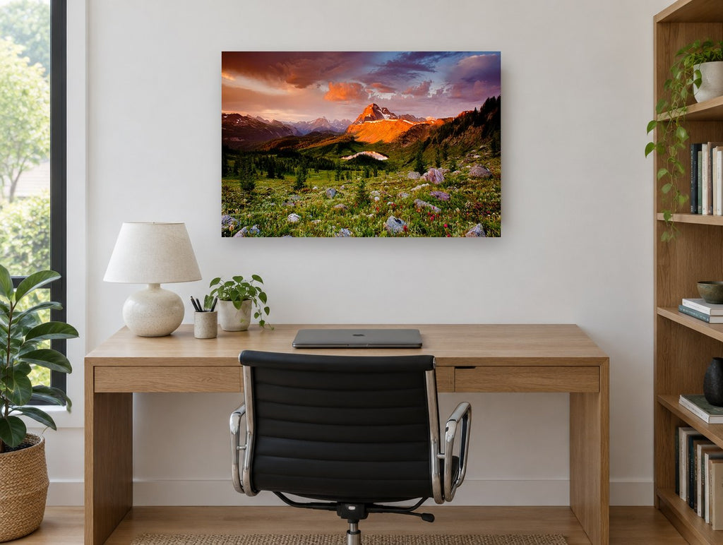 Alpenglow Meadow Tarn landscape canvas print on the wall of a study