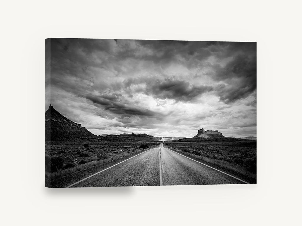 Desert Road Storm, black and white desert road photograph, landscape canvas wall art print ready to hang