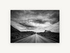 Desert Road Storm, black and white desert road photograph, landscape canvas wall art print, front view