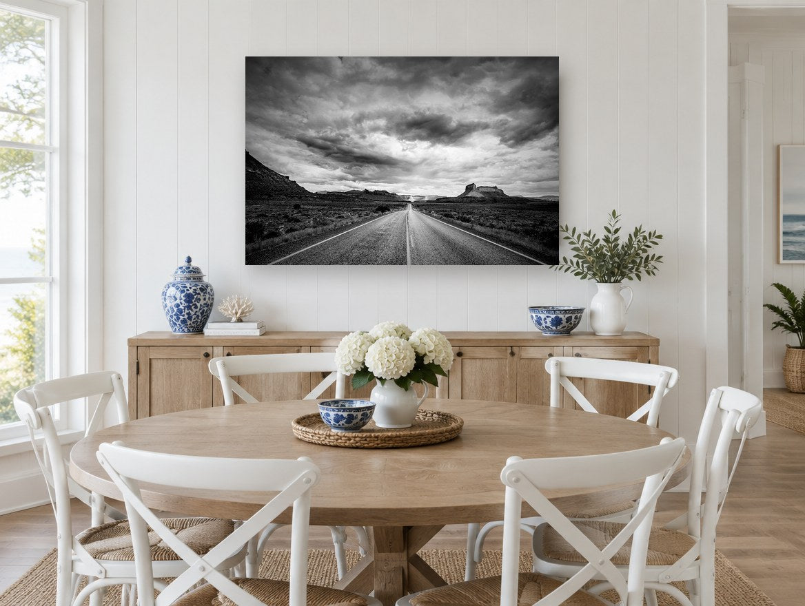 Desert Road Storm landscape canvas print on the wall of a Hamptons dining room
