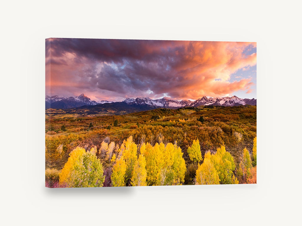 Aspen Gold Ridge, autumn aspens snowy mountain sunset photograph, landscape canvas wall art print ready to hang