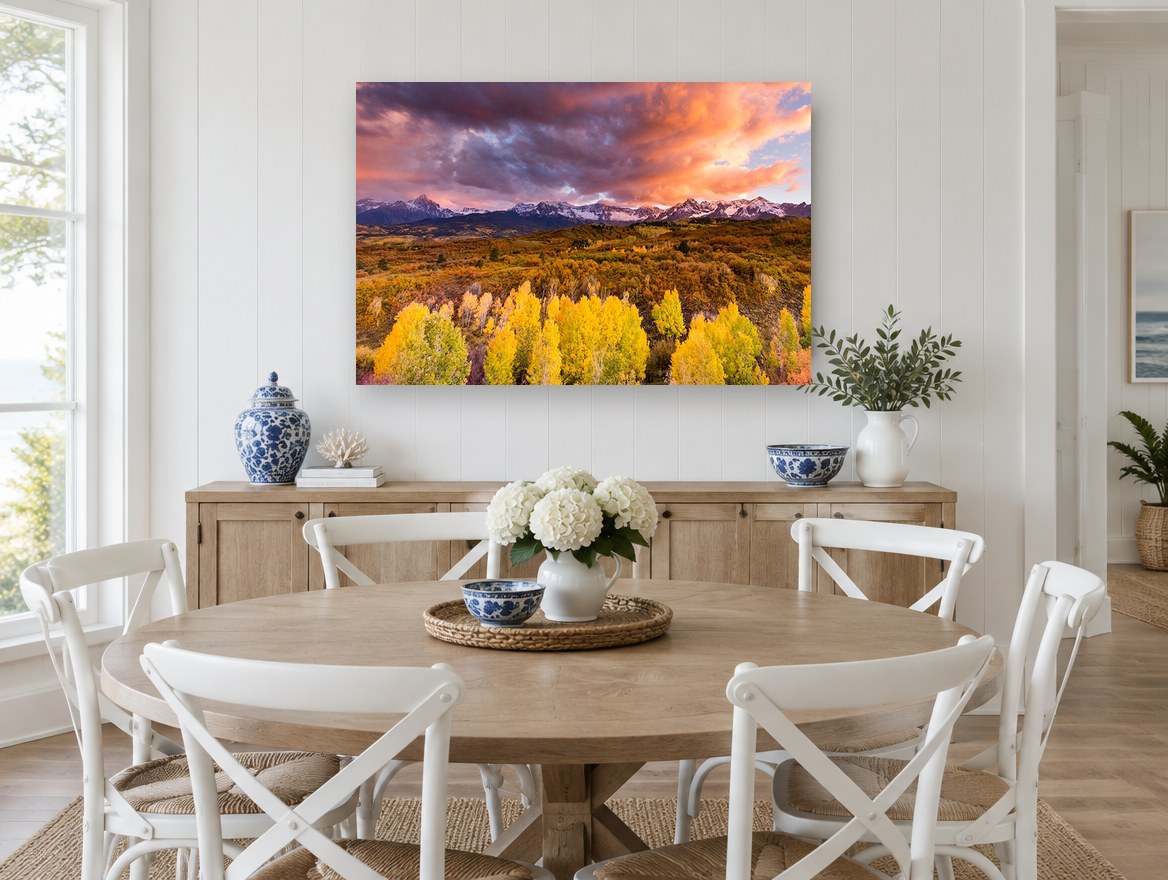 Aspen Gold Ridge landscape canvas print on the wall of a Hamptons dining room
