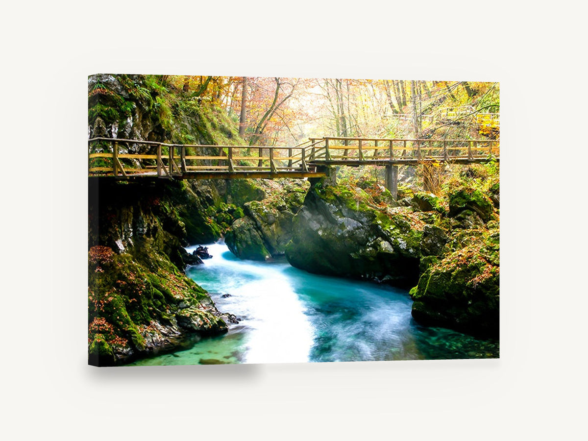 Turquoise Gorge Footbridge, autumn gorge river bridge photograph, landscape canvas wall art print ready to hang