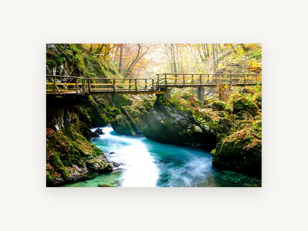 Turquoise Gorge Footbridge, autumn gorge river bridge photograph, landscape canvas wall art print, front view