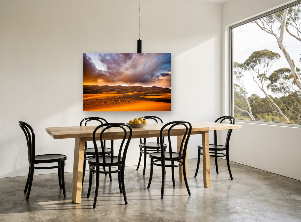 Storm Over Glowing Dunes landscape canvas print on the wall of a dining room