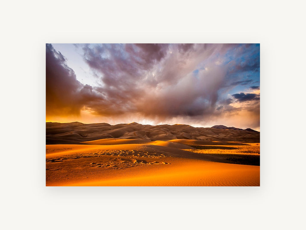 Storm Over Glowing Dunes, desert dunes storm sunset photograph, landscape canvas wall art print, front view