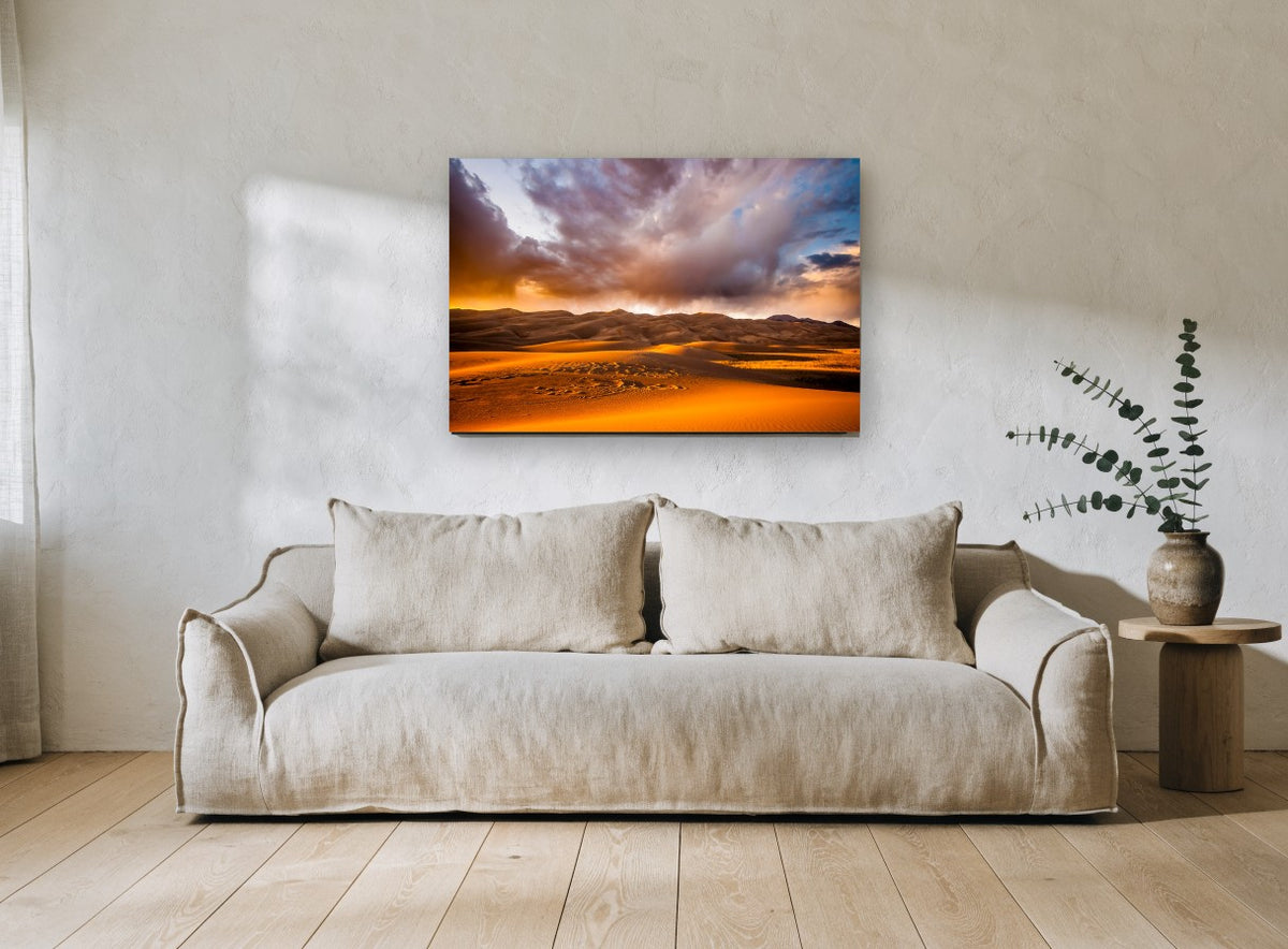 Storm Over Glowing Dunes landscape canvas print on the wall of a living room