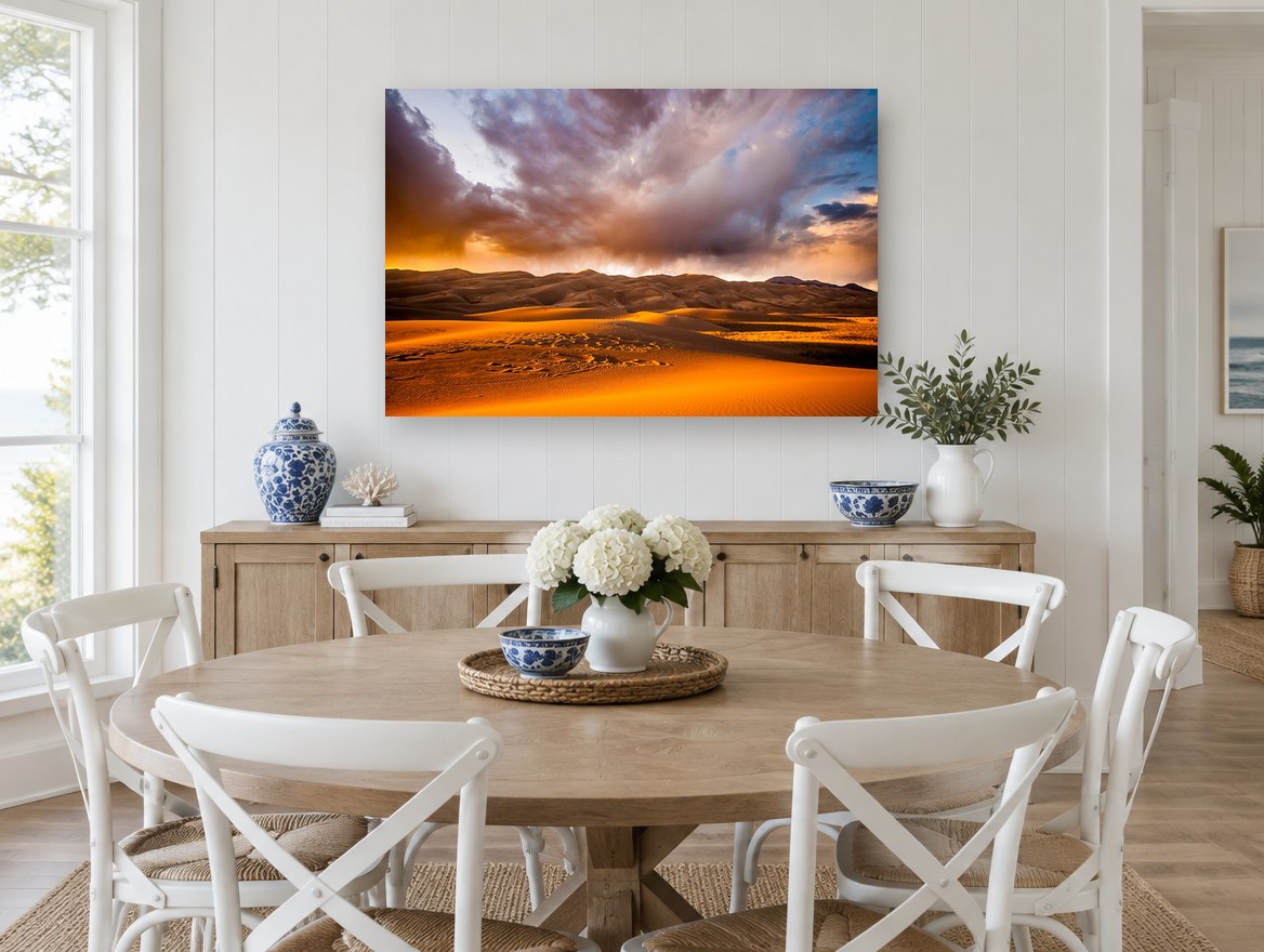 Storm Over Glowing Dunes landscape canvas print on the wall of a Hamptons dining room