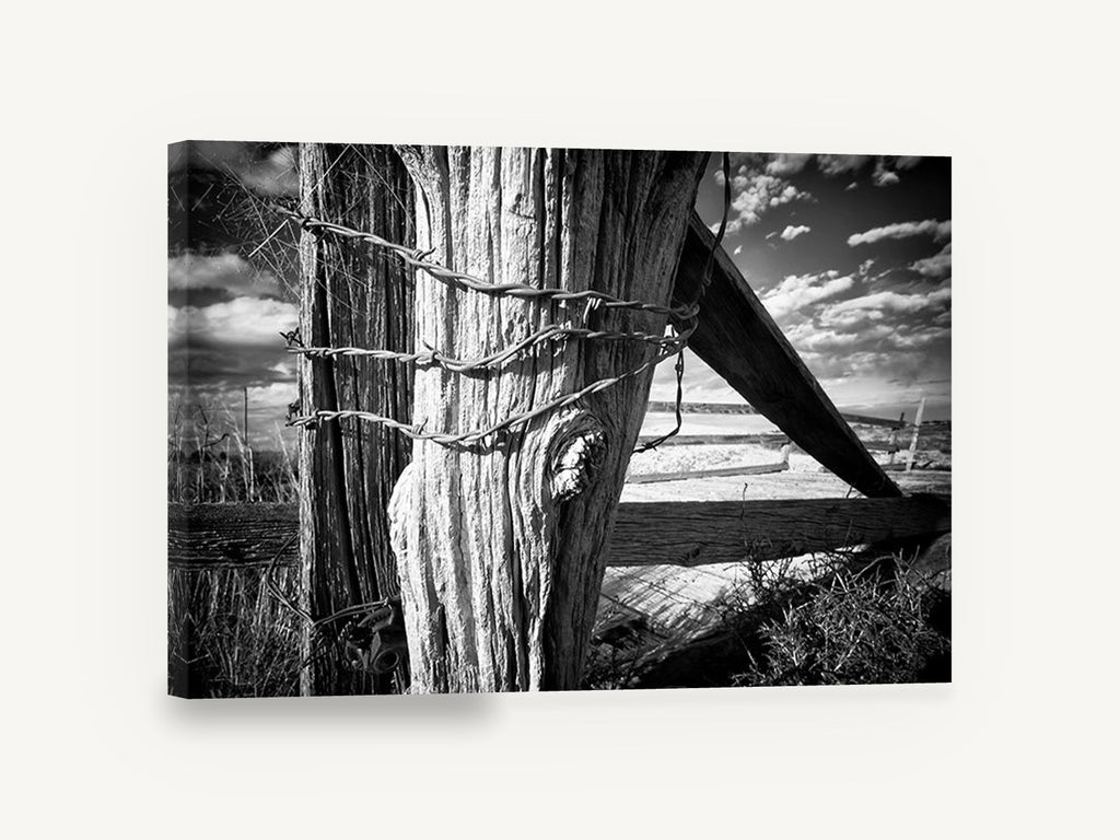 Weathered Fence Post, black and white fence post photograph, landscape canvas wall art print ready to hang