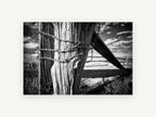 Weathered Fence Post, black and white fence post photograph, landscape canvas wall art print, front view