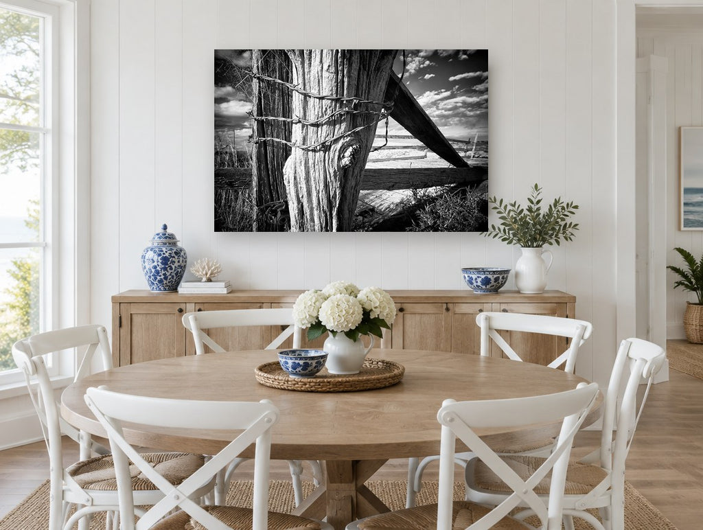 Weathered Fence Post landscape canvas print on the wall of a Hamptons dining room