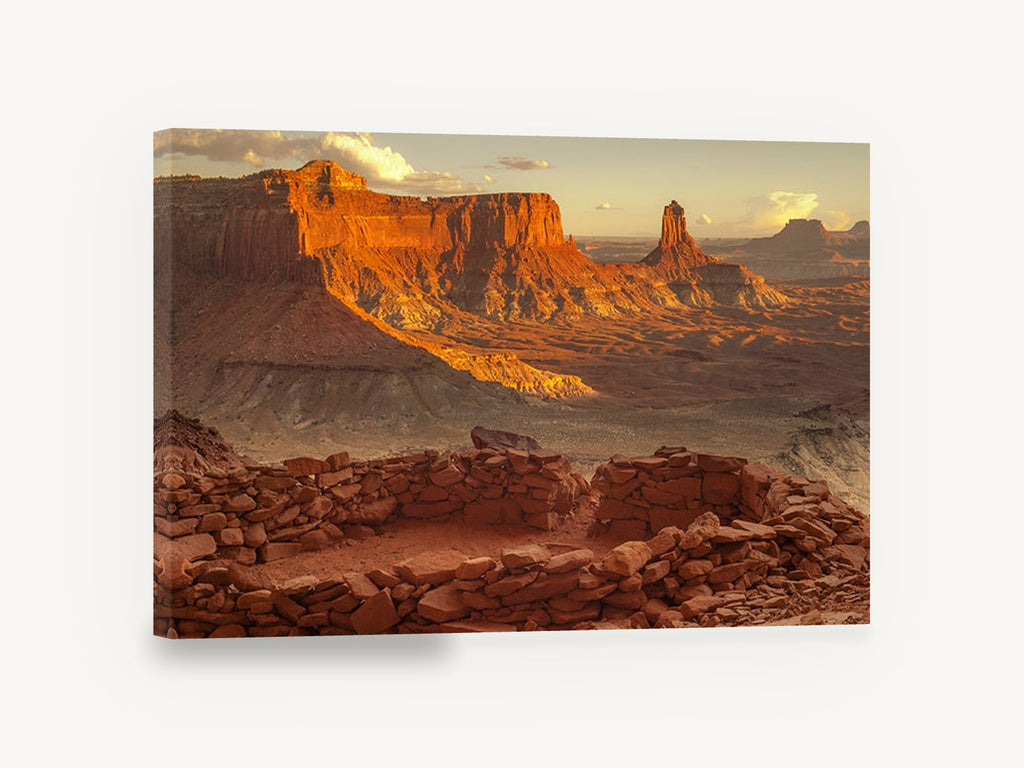 Sandstone Ruins at Dusk, desert canyon ruins sunset photograph, landscape canvas wall art print ready to hang