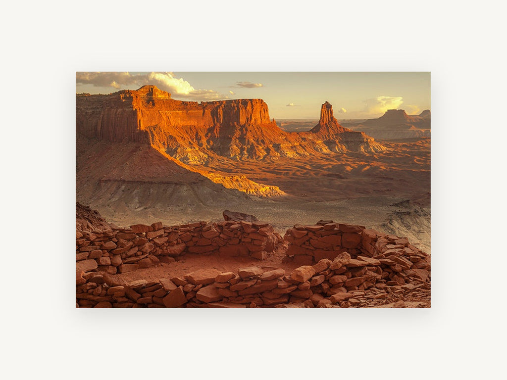 Sandstone Ruins at Dusk, desert canyon ruins sunset photograph, landscape canvas wall art print, front view