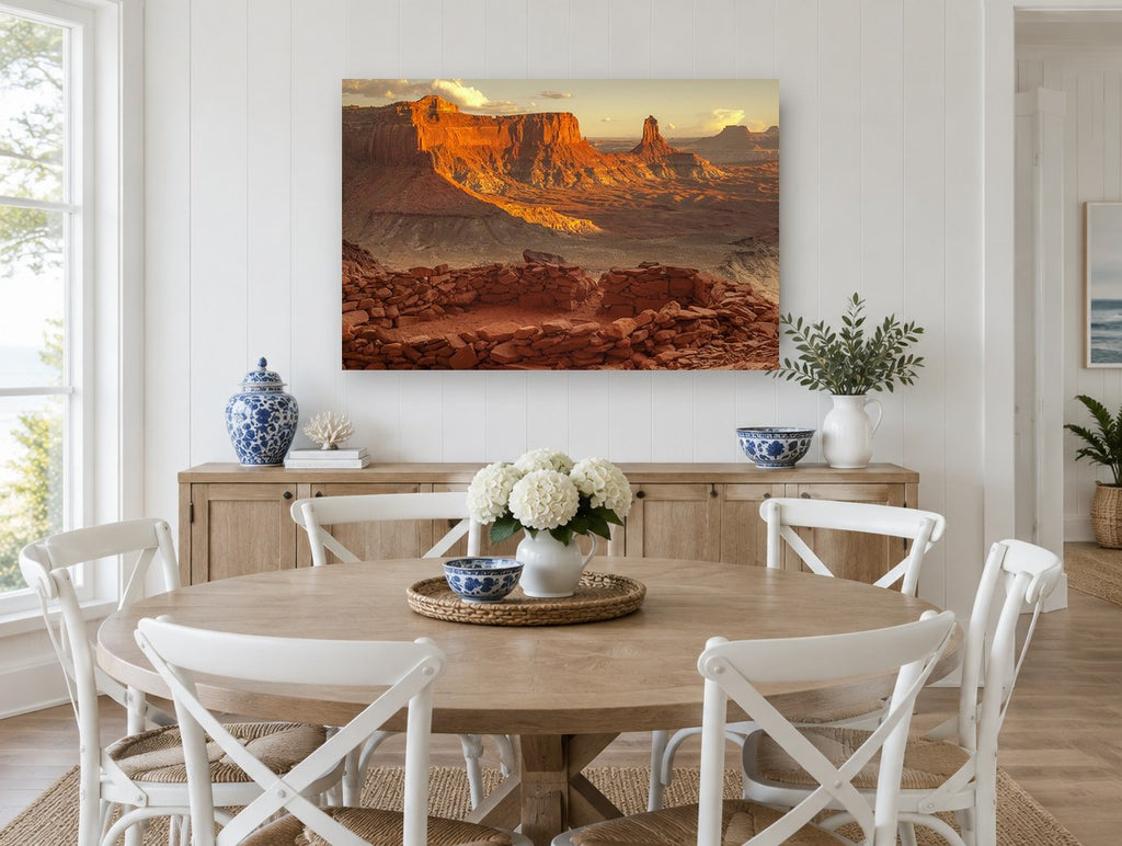 Sandstone Ruins at Dusk landscape canvas print on the wall of a Hamptons dining room