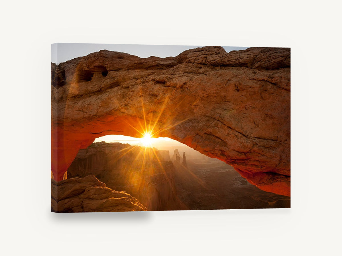 Sunburst Through Sandstone, sunrise through desert rock arch photograph, landscape canvas wall art print ready to hang