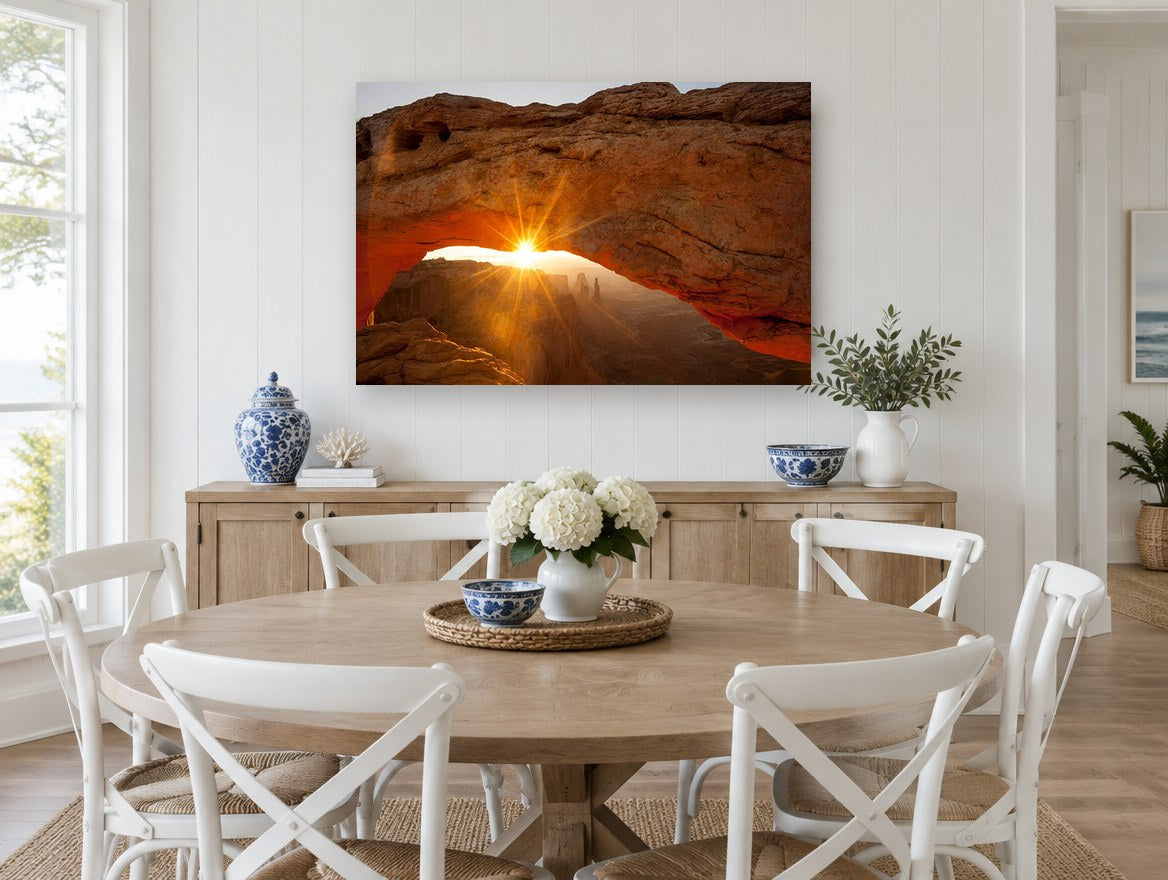 Sunburst Through Sandstone landscape canvas print on the wall of a Hamptons dining room
