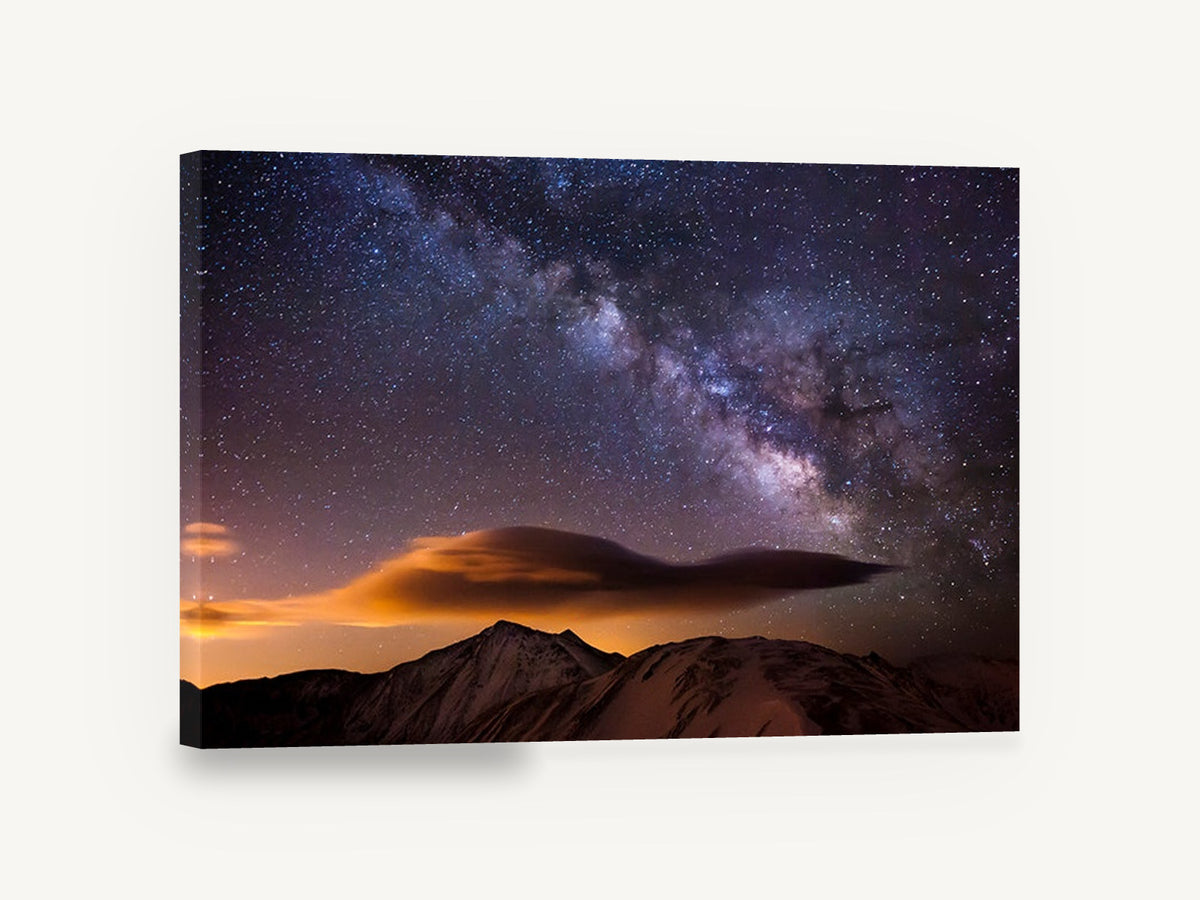 Lenticular Night Sky, milky way over snowy mountains photograph, landscape canvas wall art print ready to hang