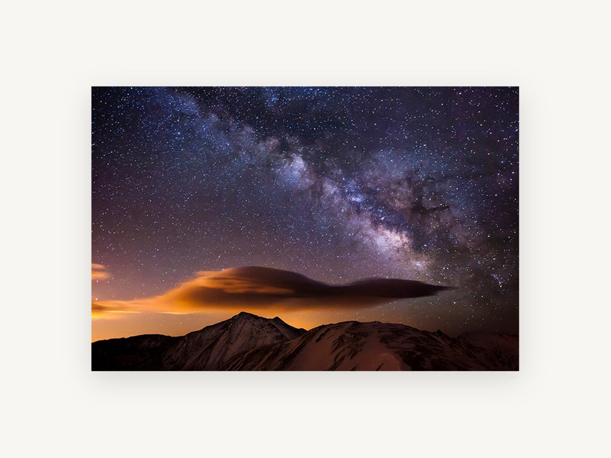 Lenticular Night Sky, milky way over snowy mountains photograph, landscape canvas wall art print, front view