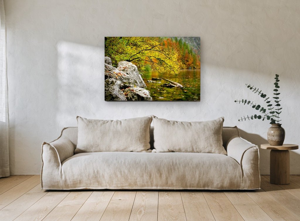 Autumn Lake Edge landscape canvas print on the wall of a living room