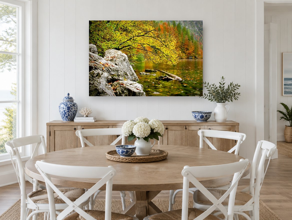 Autumn Lake Edge landscape canvas print on the wall of a Hamptons dining room