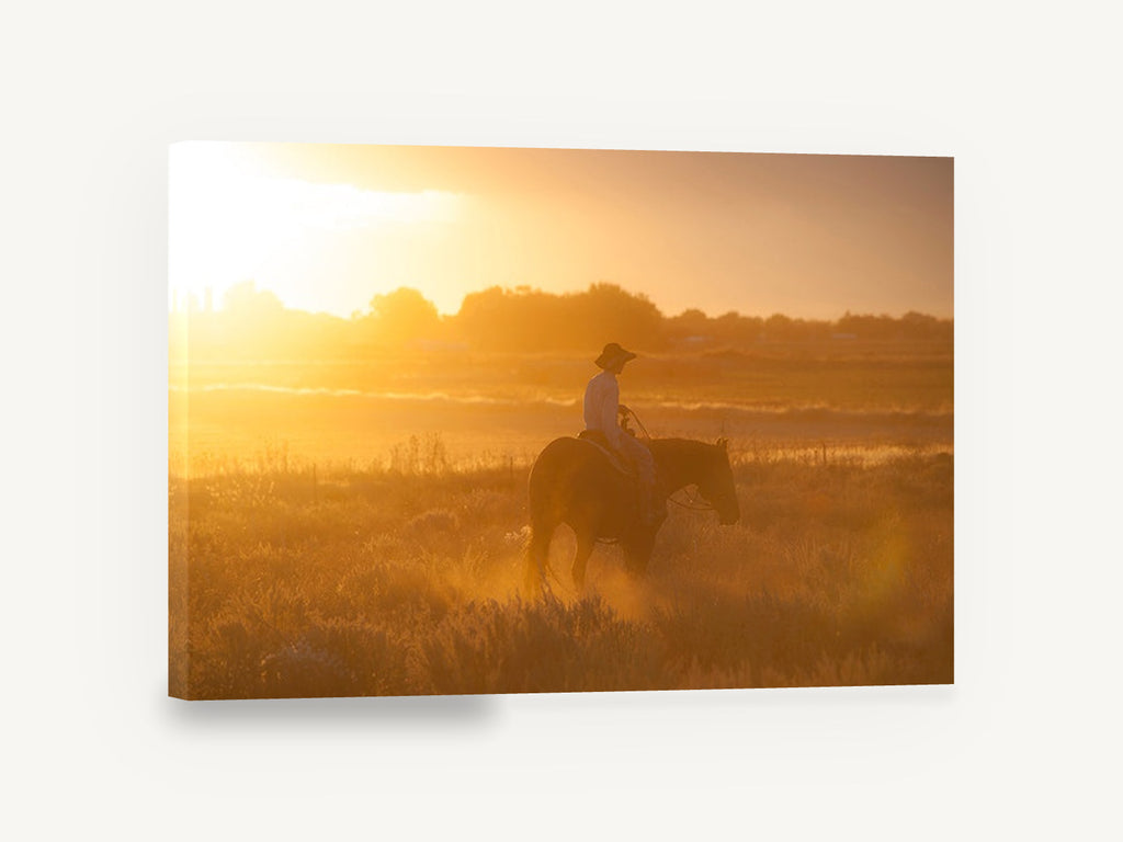Golden Hour Rider, horse rider golden sunset photograph, landscape canvas wall art print ready to hang