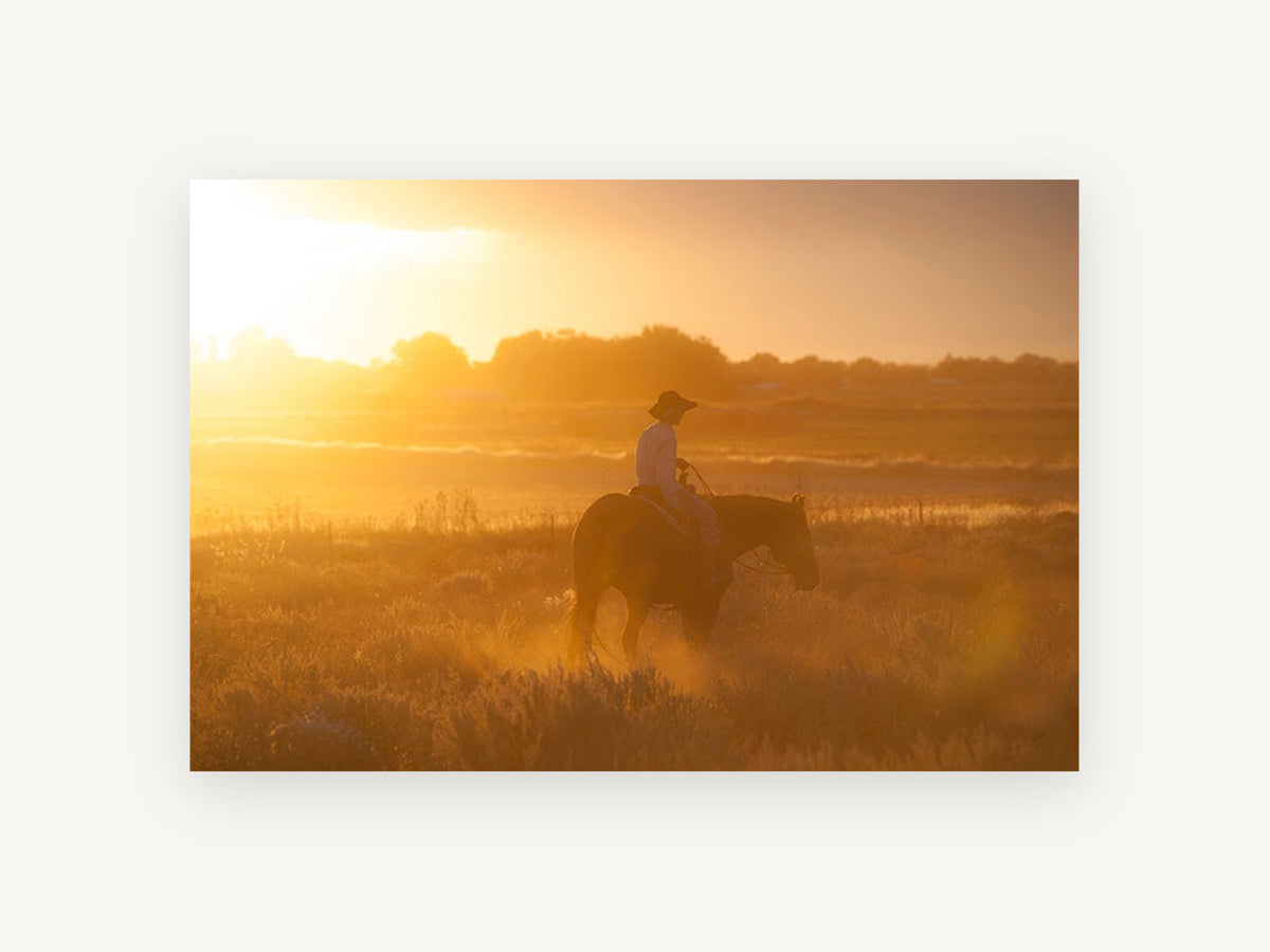 Golden Hour Rider, horse rider golden sunset photograph, landscape canvas wall art print, front view