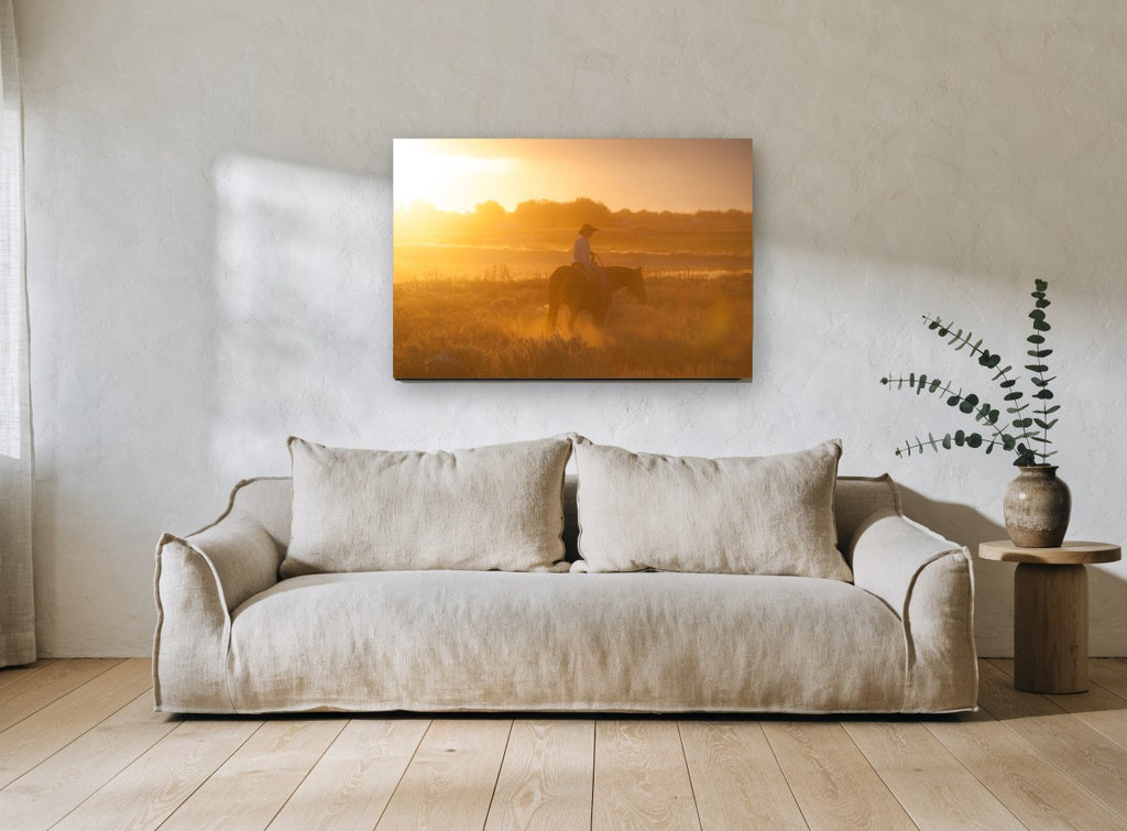 Golden Hour Rider landscape canvas print on the wall of a living room
