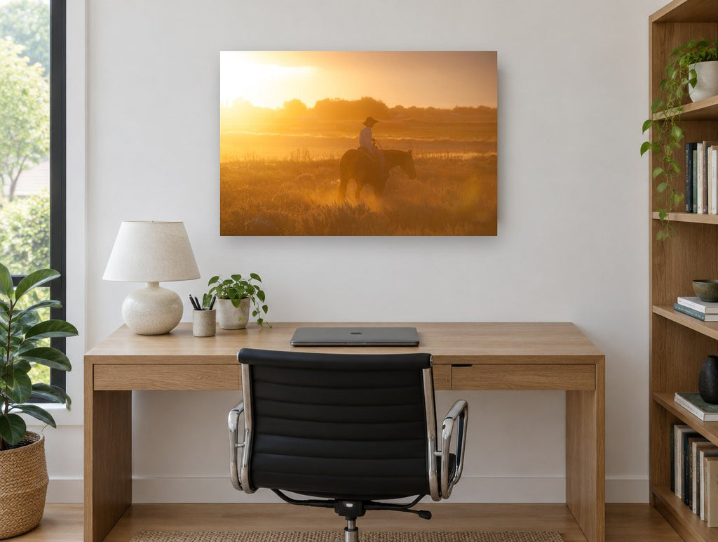 Golden Hour Rider landscape canvas print on the wall of a study