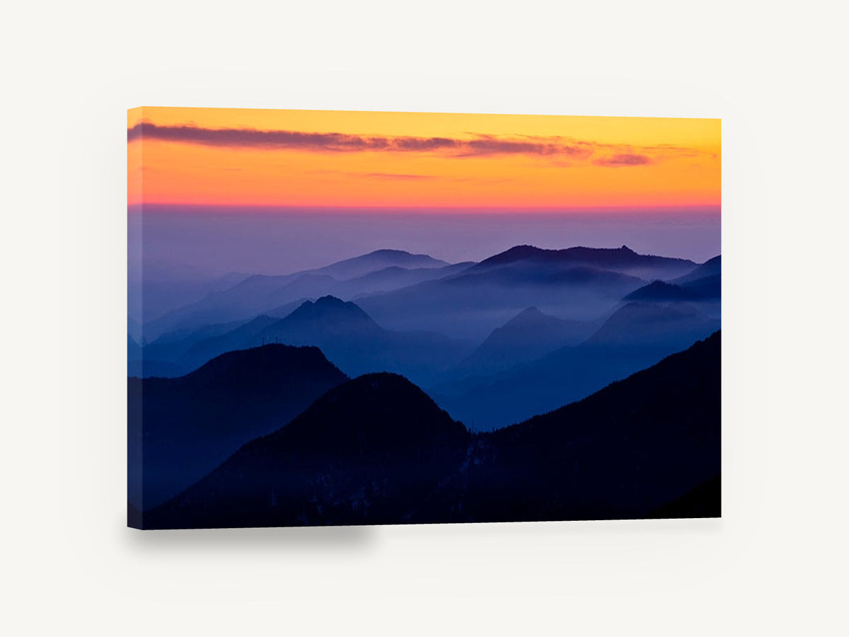 Blue Ridge Dusk, misty blue mountain sunset photograph, landscape canvas wall art print ready to hang