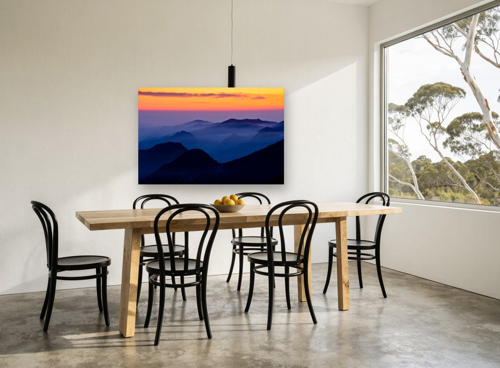 Blue Ridge Dusk landscape canvas print on the wall of a dining room