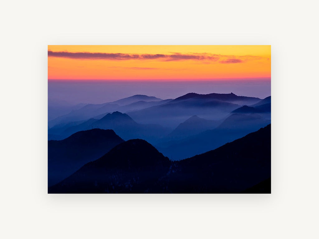 Blue Ridge Dusk, misty blue mountain sunset photograph, landscape canvas wall art print, front view