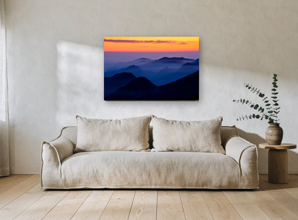 Blue Ridge Dusk landscape canvas print on the wall of a living room