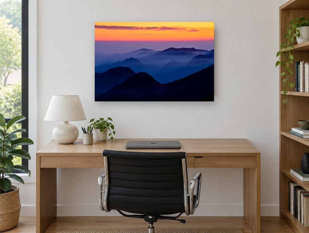 Blue Ridge Dusk landscape canvas print on the wall of a study