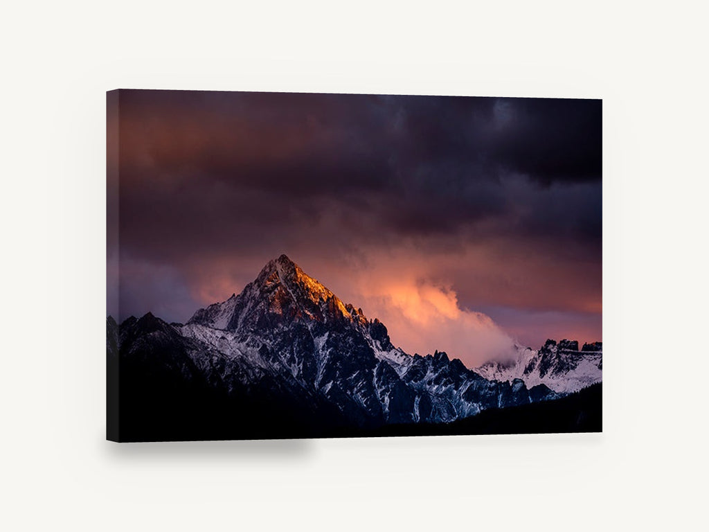 Ember Peak Storm, stormy mountain peak sunset photograph, landscape canvas wall art print ready to hang