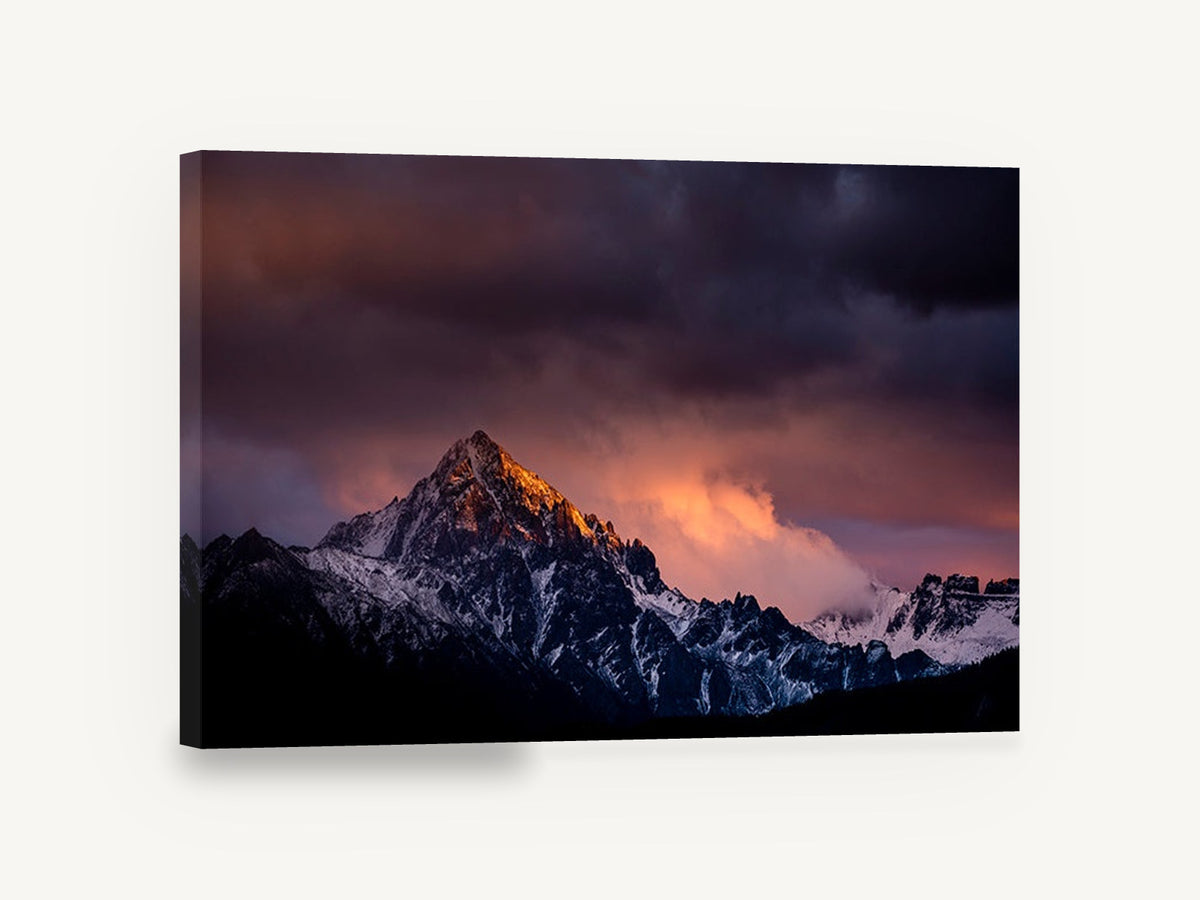 Ember Peak Storm, stormy mountain peak sunset photograph, landscape canvas wall art print ready to hang