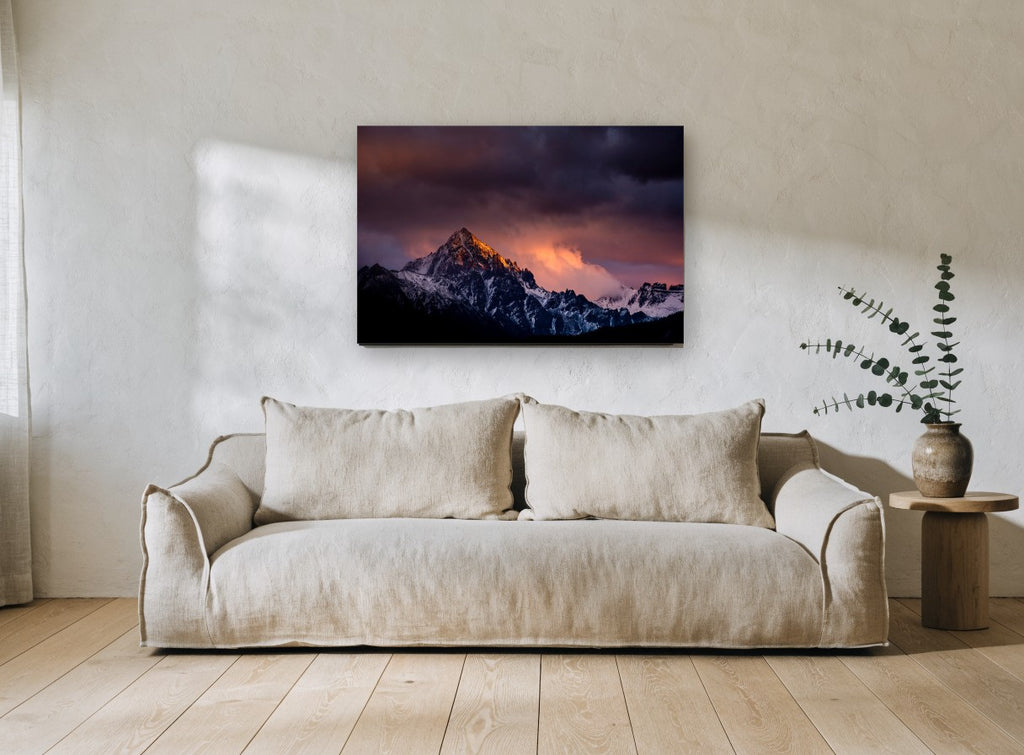 Ember Peak Storm landscape canvas print on the wall of a living room