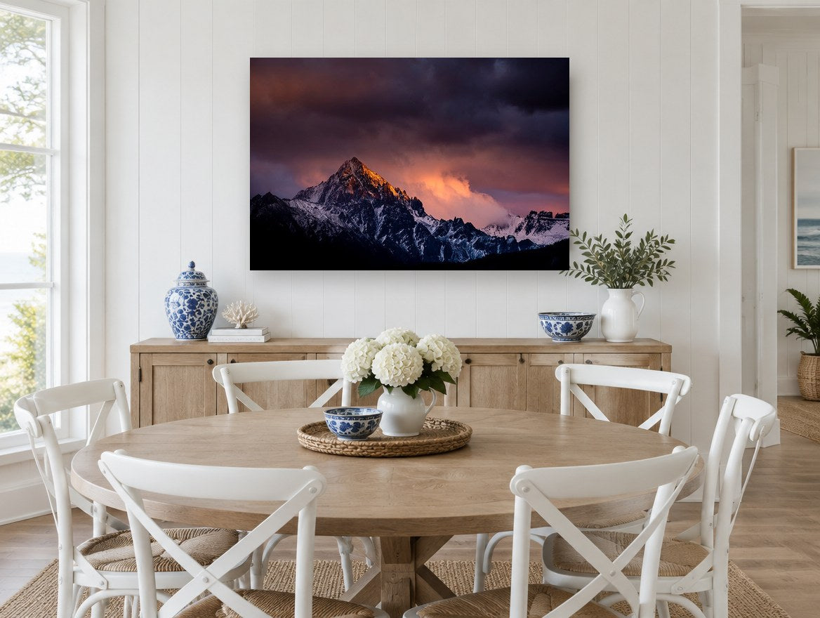 Ember Peak Storm landscape canvas print on the wall of a Hamptons dining room