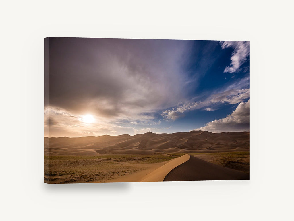 Dune Ridge Sunburst, desert sand dunes sunset photograph, landscape canvas wall art print ready to hang