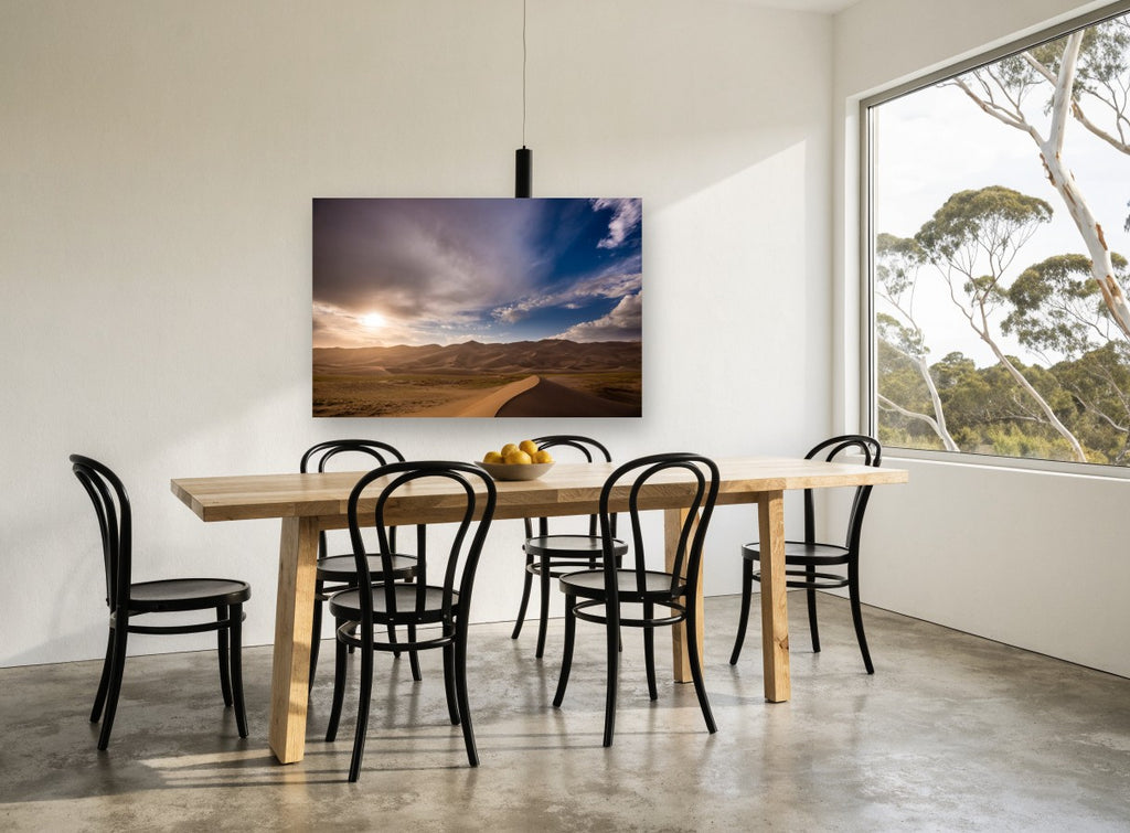 Dune Ridge Sunburst landscape canvas print on the wall of a dining room